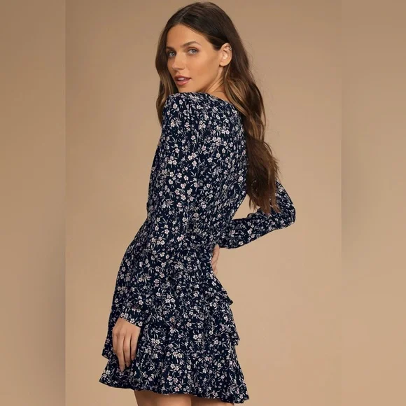 Lulus Cute and Curated Navy Blue Floral Print Tiered Mini Dress / Size Large - Picture 2 of 16